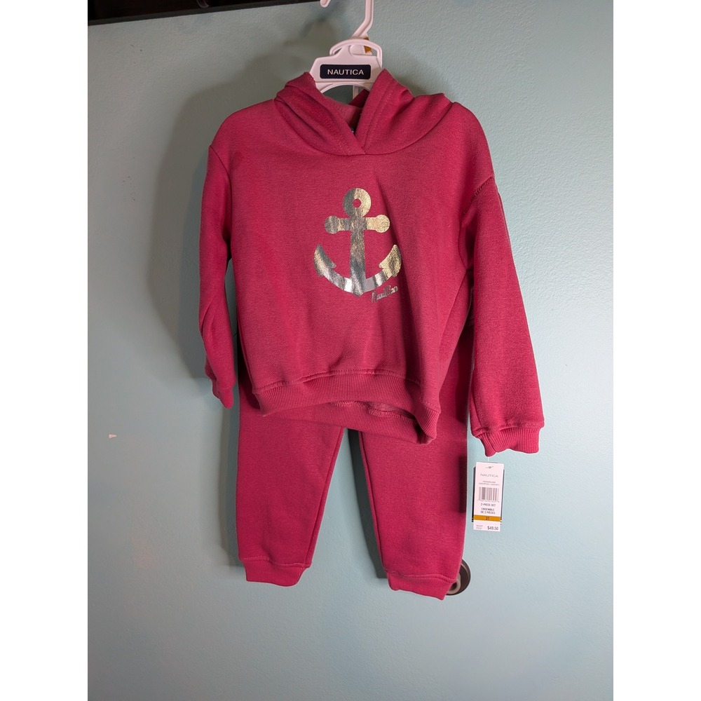 Nautica Girls 3T Raspberry Pink Anchor Graphic Hoodie and Jogger 2-Piece Set NEW
